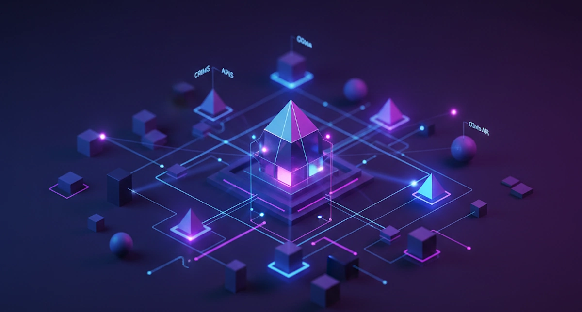 Symbolic 3D visualization of a Data Mesh discovery layer showing interconnected metadata nodes and decentralized data products without cloud symbols