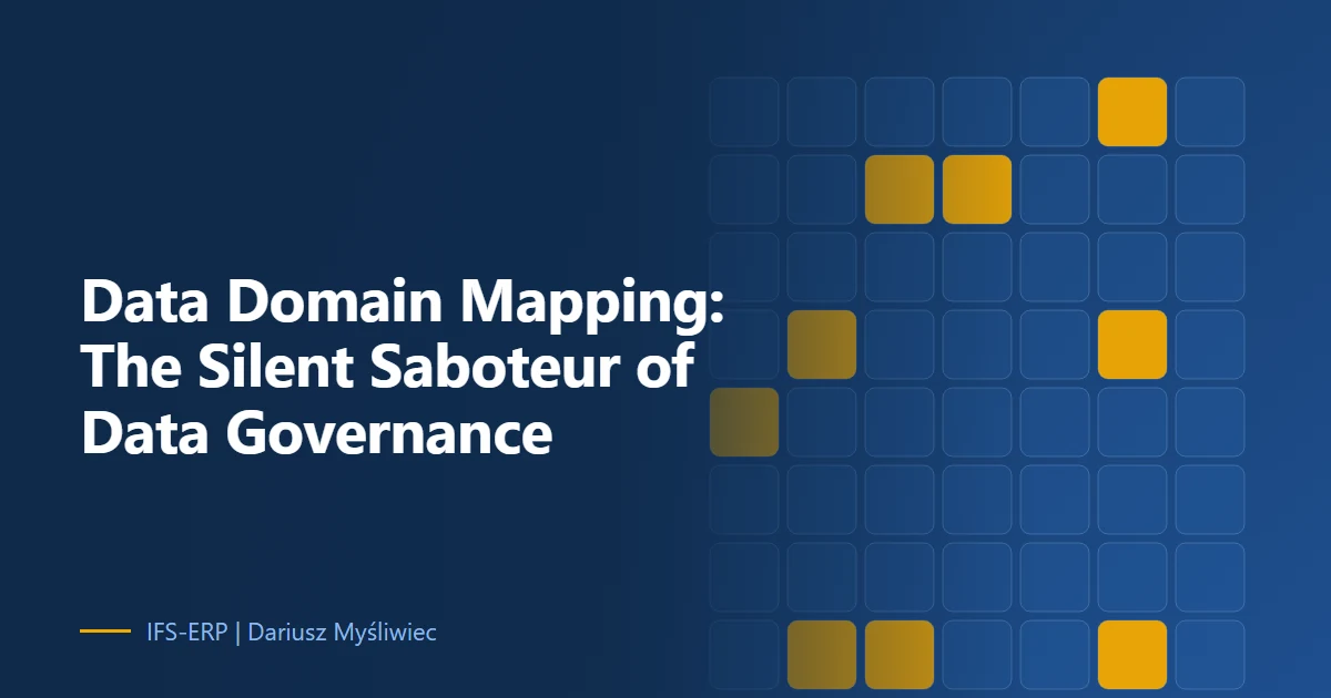 Abstract illustration on a navy background with the article title: “Data Domain Mapping: The Silent Saboteur of Data Governance”