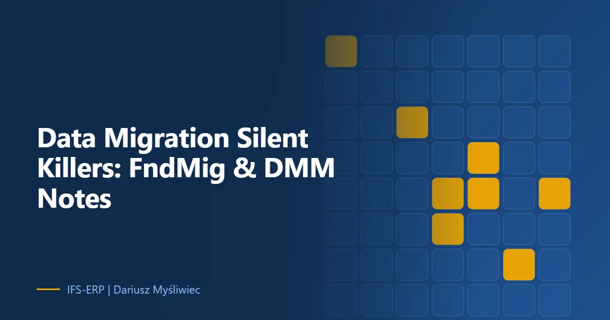 Abstract illustration on a navy background with the article title: “Data Migration Silent Killers: FndMig & DMM Notes”