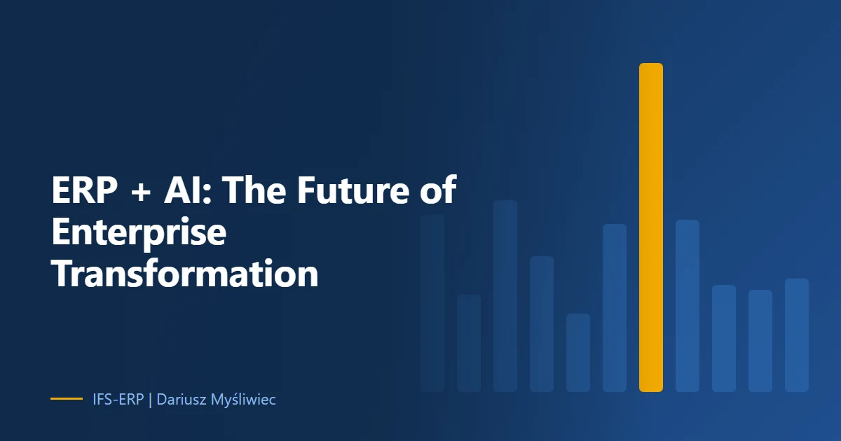 Abstract illustration on a navy background with the article title: “ERP + AI: The Future of Enterprise Transformation”