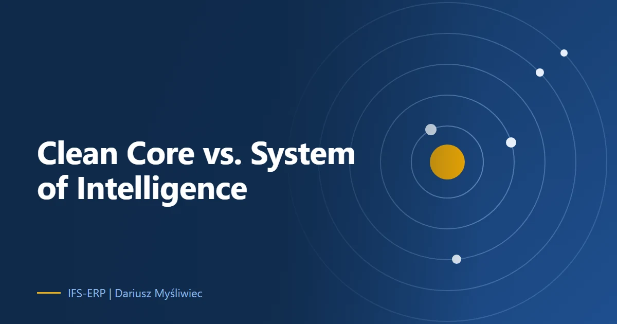 Abstract illustration on a navy background with the article title: “Clean Core vs. System of Intelligence”