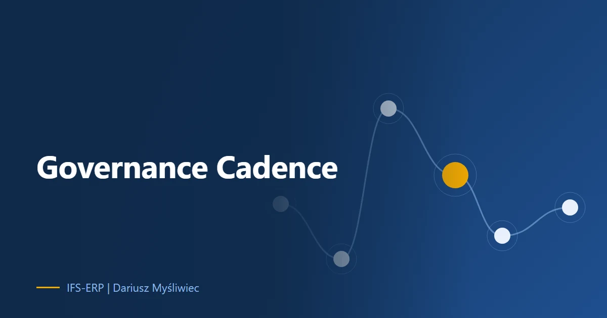 Abstract illustration on a navy background with the article title: “Governance Cadence”