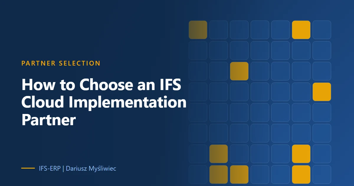 Cover with a grid of cells and a few highlighted ones, illustrating how to shortlist an IFS Cloud implementation partner