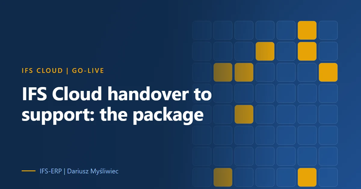 Cover showing a handover package of five parts passing from a project team to a support team on a navy background, titled IFS Cloud handover to support