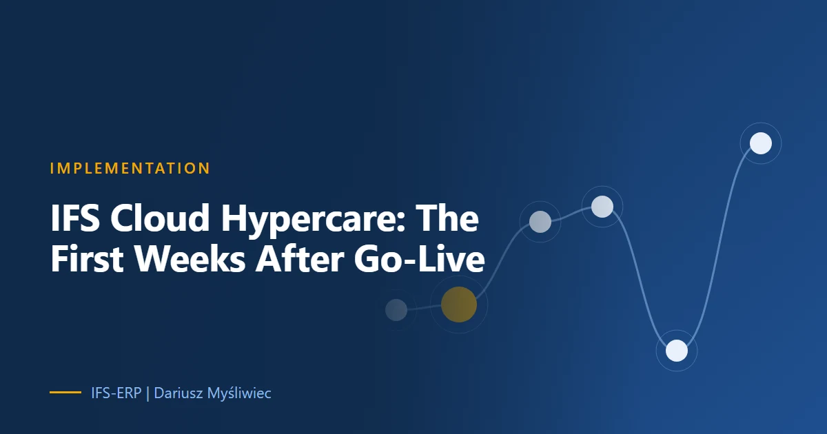 Cover with connected nodes and curves representing the first weeks of IFS Cloud hypercare after go-live, on a navy background