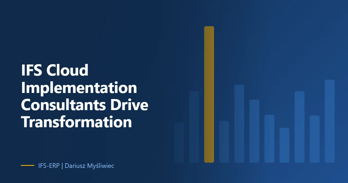 Abstract illustration on a navy background with the article title: “IFS Cloud Implementation Consultants Drive Transformation”