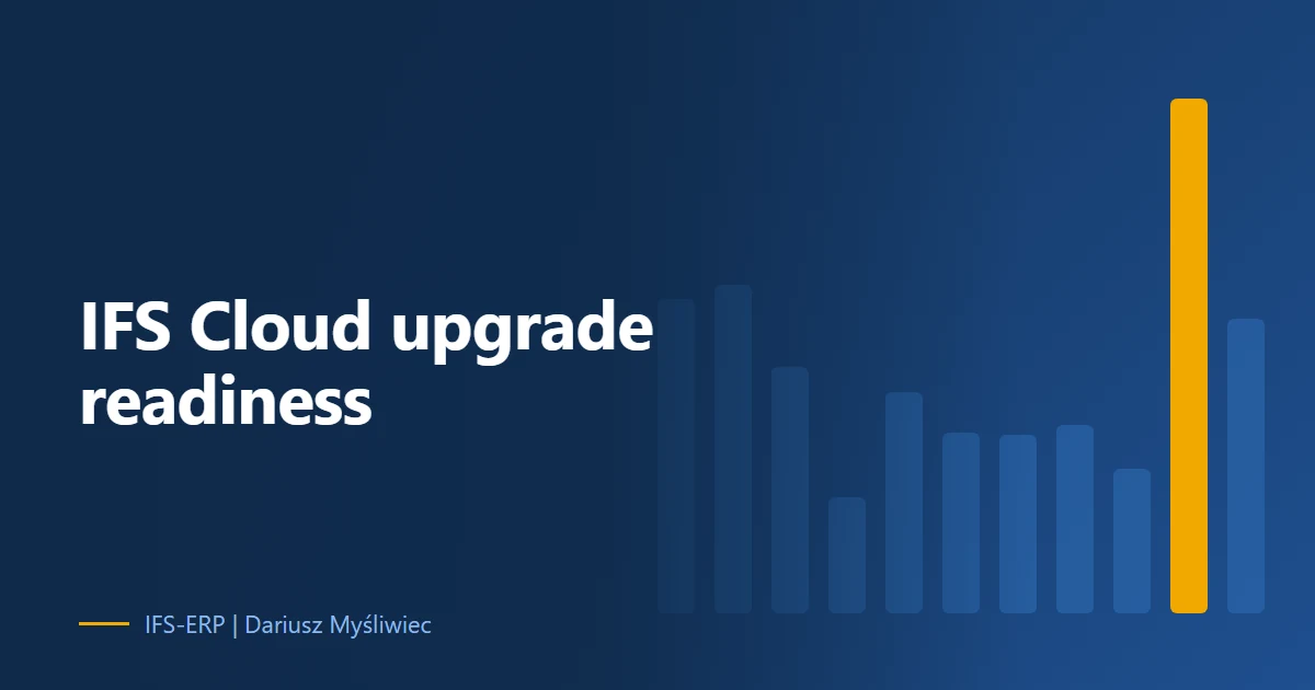 Abstract illustration on a navy background with the article title: “IFS Cloud upgrade readiness”