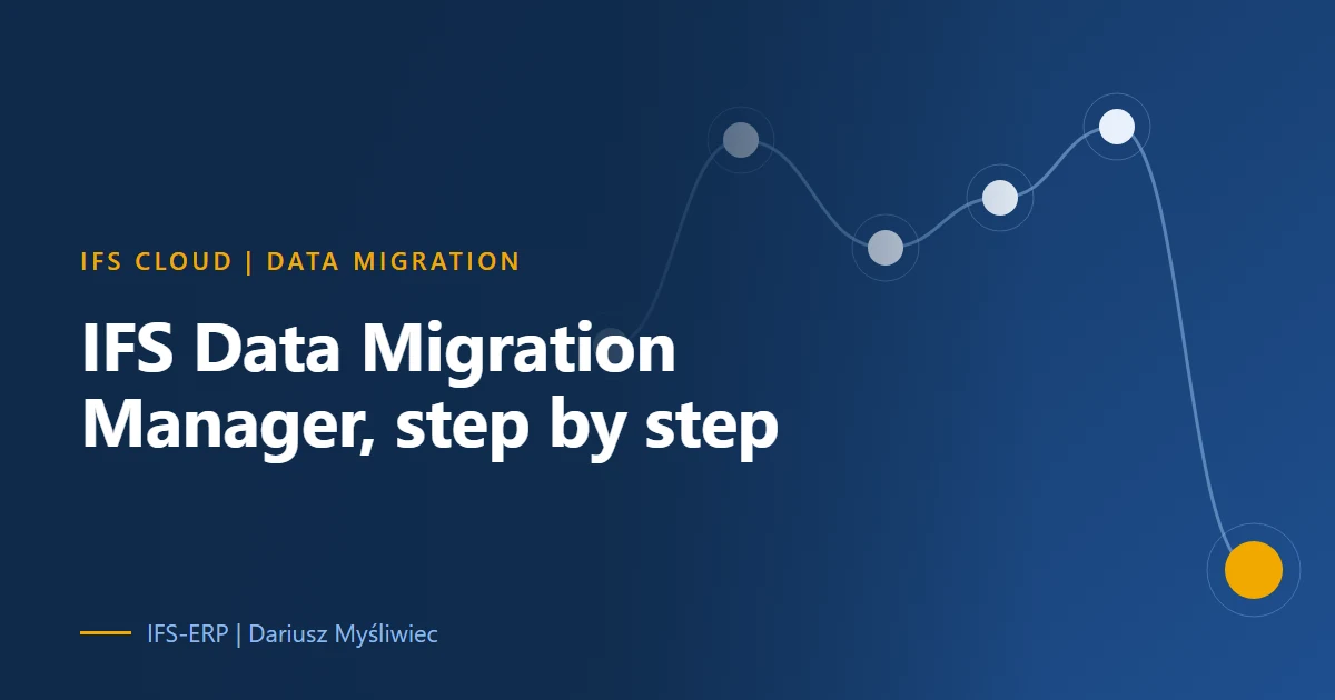 Cover showing a data flow from legacy source through input, output and deployment containers on a navy background, titled IFS Data Migration Manager