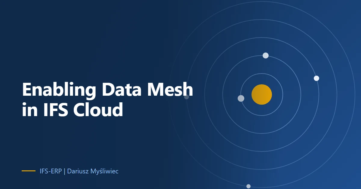 Abstract illustration on a navy background with the article title: “Enabling Data Mesh in IFS Cloud”