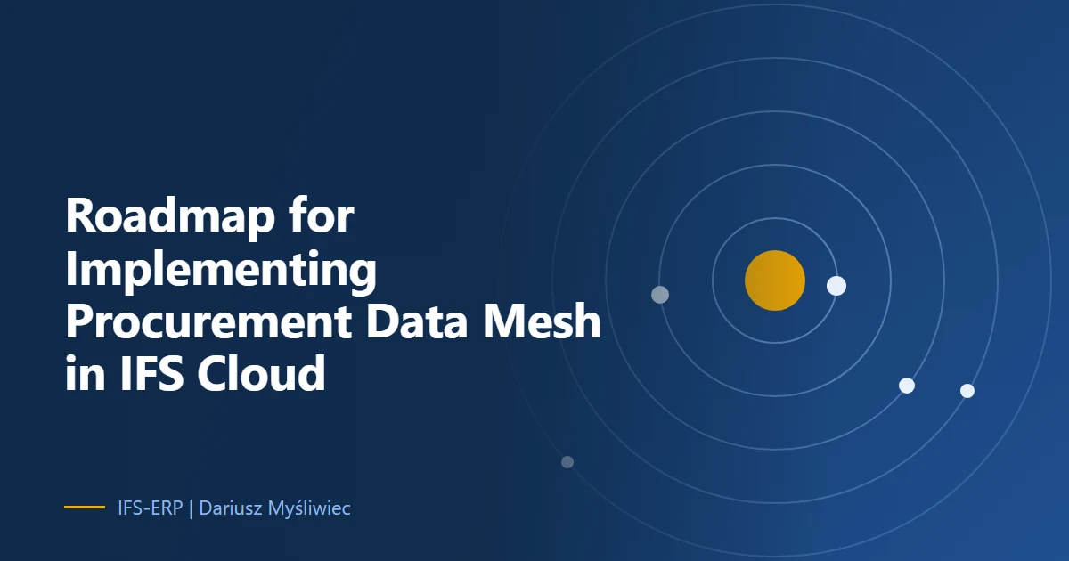 Abstract illustration on a navy background with the article title: “Roadmap for Implementing Procurement Data Mesh in IFS Cloud”