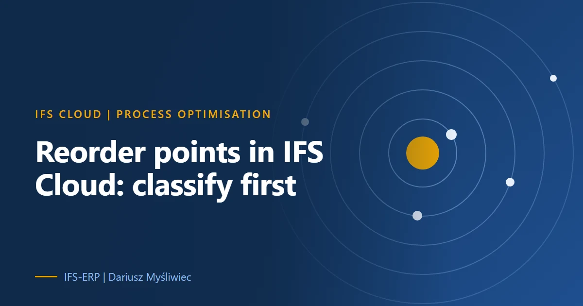 Cover illustration for an article on reorder point planning in IFS Cloud: classifying parts by ABC, frequency and lifecycle before calculating order points