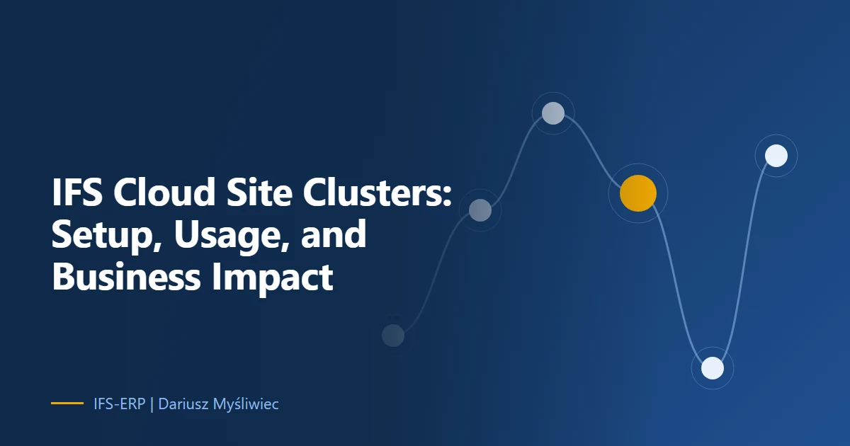 Abstract illustration on a navy background with the article title: “IFS Cloud Site Clusters: Setup, Usage, and Business Impact”