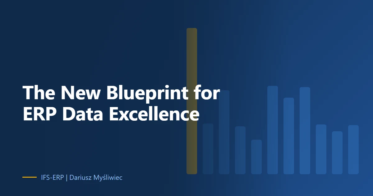 Abstract illustration on a navy background with the article title: “The New Blueprint for ERP Data Excellence”