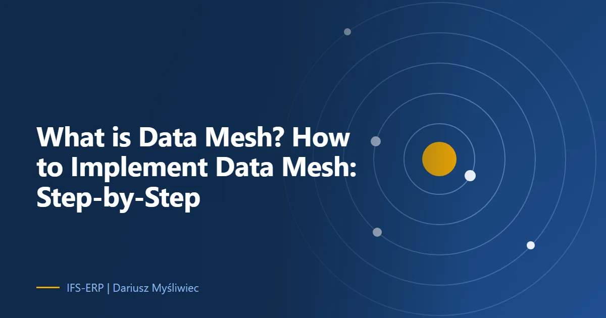 Abstract illustration on a navy background with the article title: “What is Data Mesh? How to Implement Data Mesh: Step-by-Step”