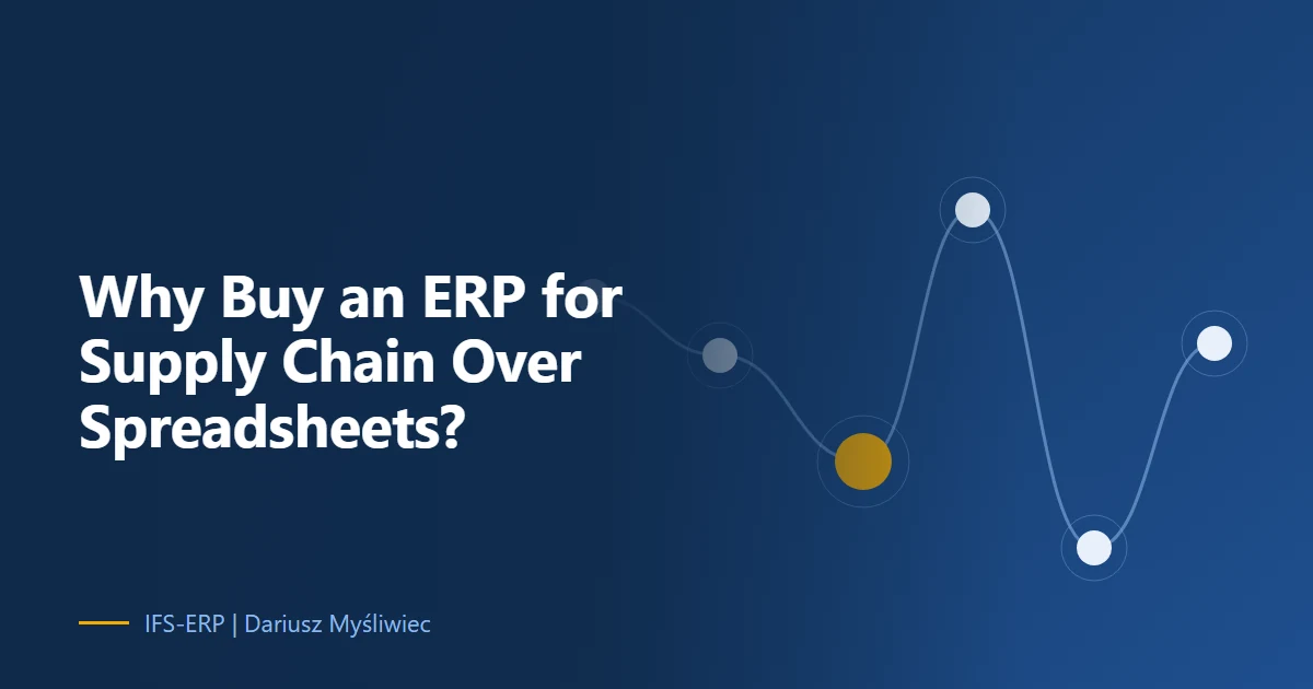 Abstract illustration on a navy background with the article title: “Why Buy an ERP for Supply Chain Over Spreadsheets?”